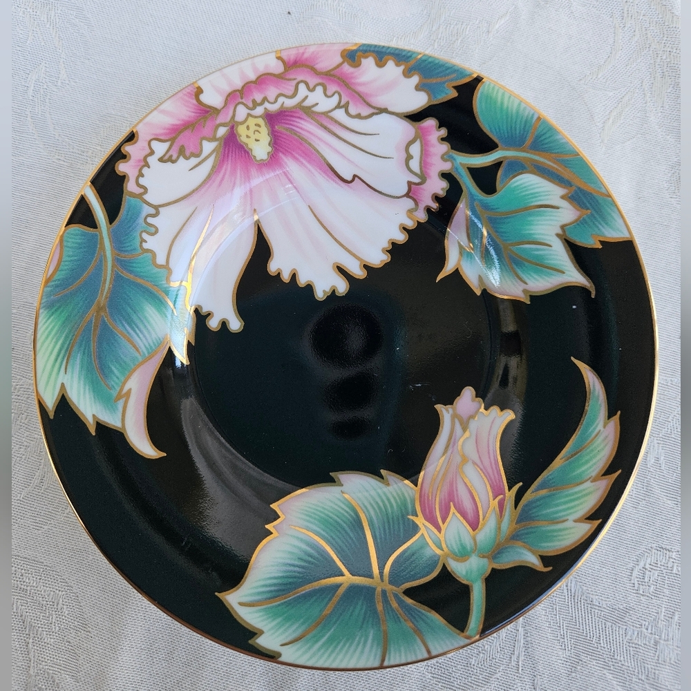 Fitz and Floyd Hummingbird Black Saucer with Pink Floral Design Vintage